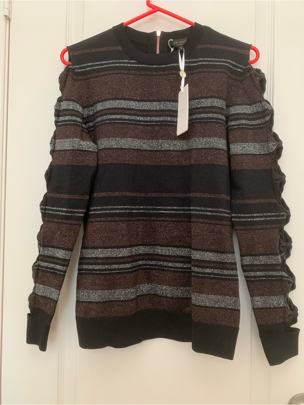 Ted Baker Jelinaa Metallic Stripe Bow Sleeve Sweater Size 3 US 8 NWT